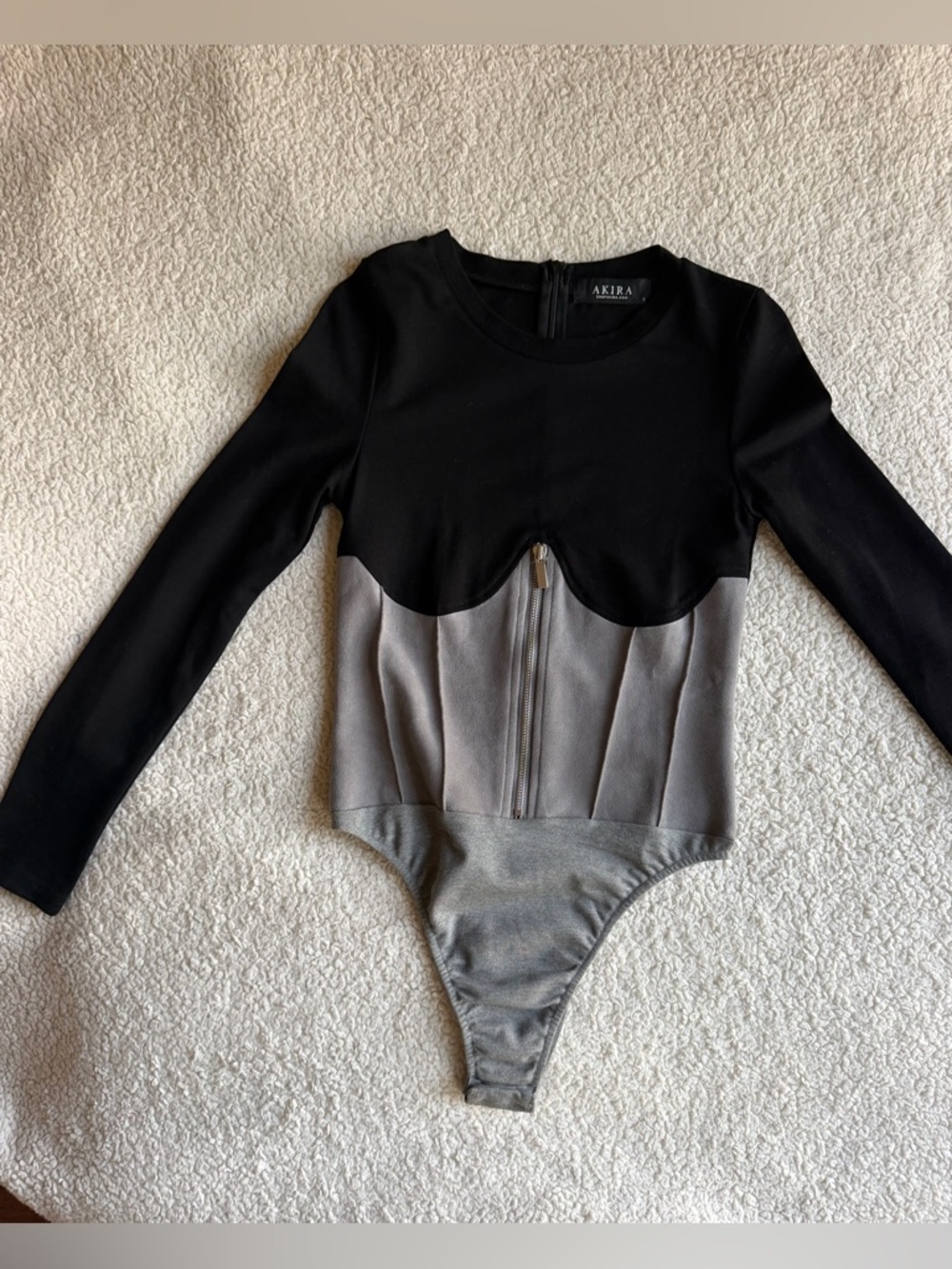 AKIRA Black and Gray Zip-Front Long-Sleeve Bodysuit